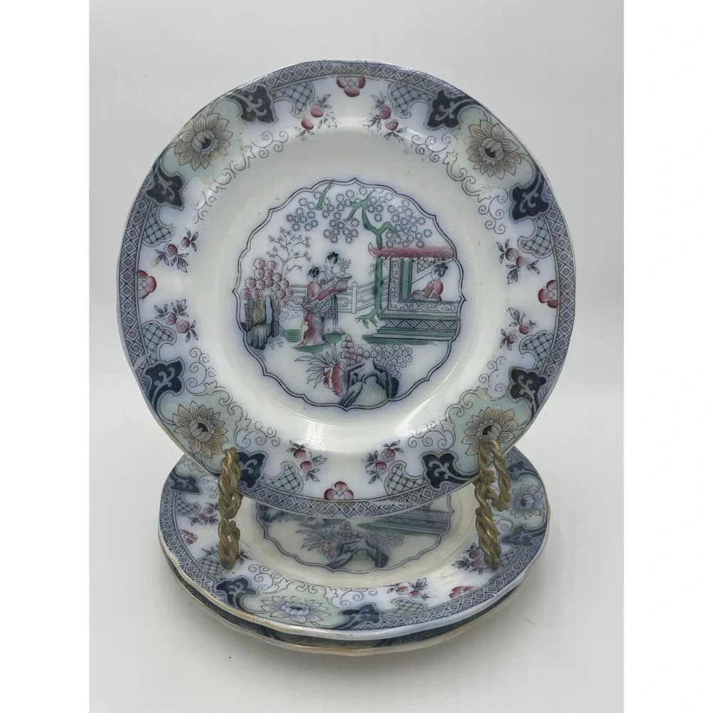 3 pc Antique‎ P. Regout Canton Chinese Pattern Polychrome Transferware Plates